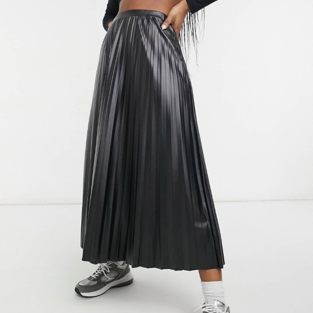 Pleated leather-style midi skirt